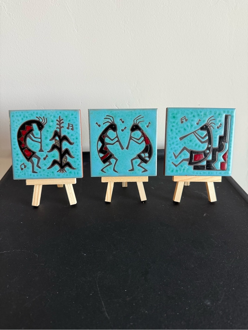 Cleo Teissedre Kokopelli Ceramic Art Tile Coaster Trivet Dancing Wall Decor trio